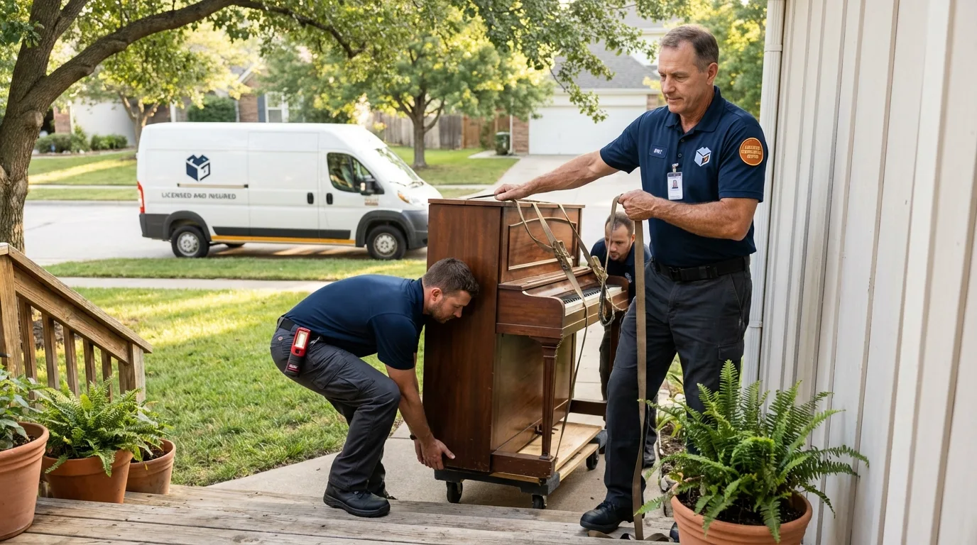 Licensed piano movers securing grand piano in DeRidder, LA